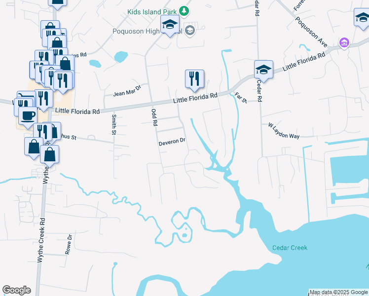 map of restaurants, bars, coffee shops, grocery stores, and more near 22 Robert Bruce Road in Poquoson