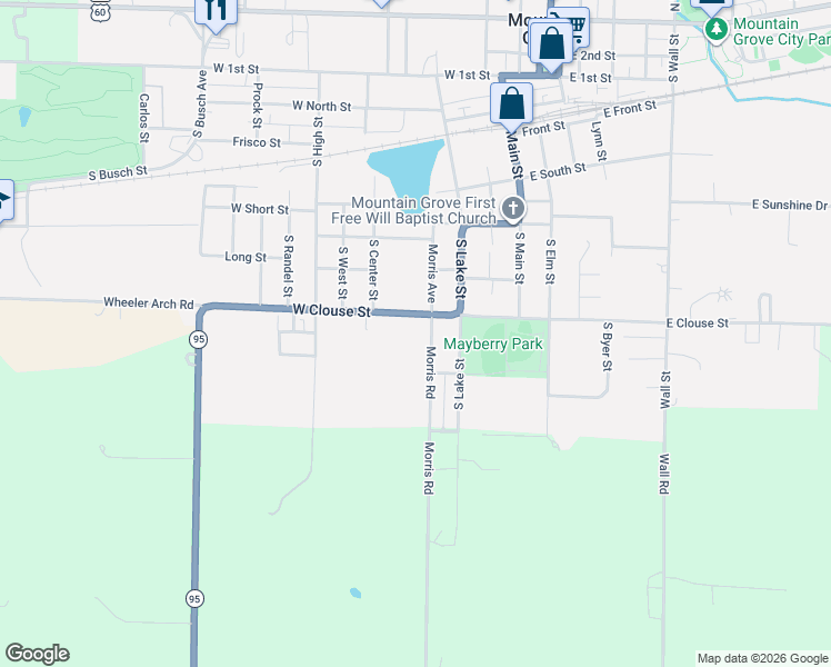 map of restaurants, bars, coffee shops, grocery stores, and more near 801-899 Morris St in Mountain Grove