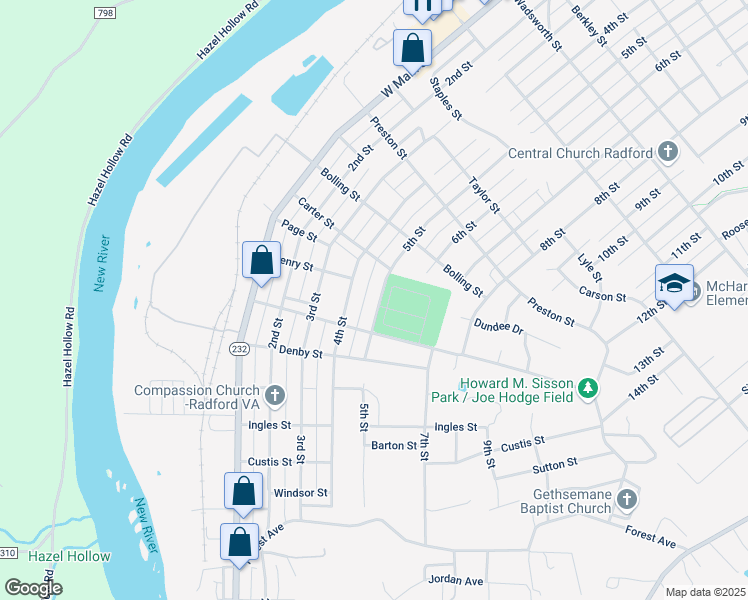 map of restaurants, bars, coffee shops, grocery stores, and more near 1507 5th Street in Radford