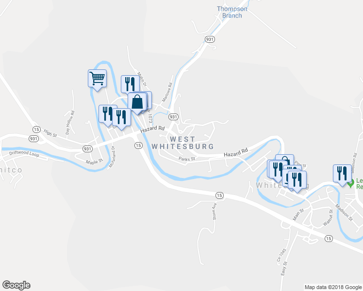 map of restaurants, bars, coffee shops, grocery stores, and more near 102 Banks Street in Whitesburg