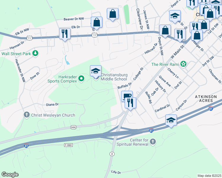 map of restaurants, bars, coffee shops, grocery stores, and more near 1202 Buffalo Drive in Christiansburg