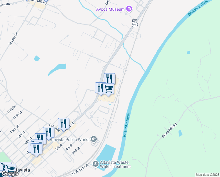 map of restaurants, bars, coffee shops, grocery stores, and more near 1301 Main Street in Altavista