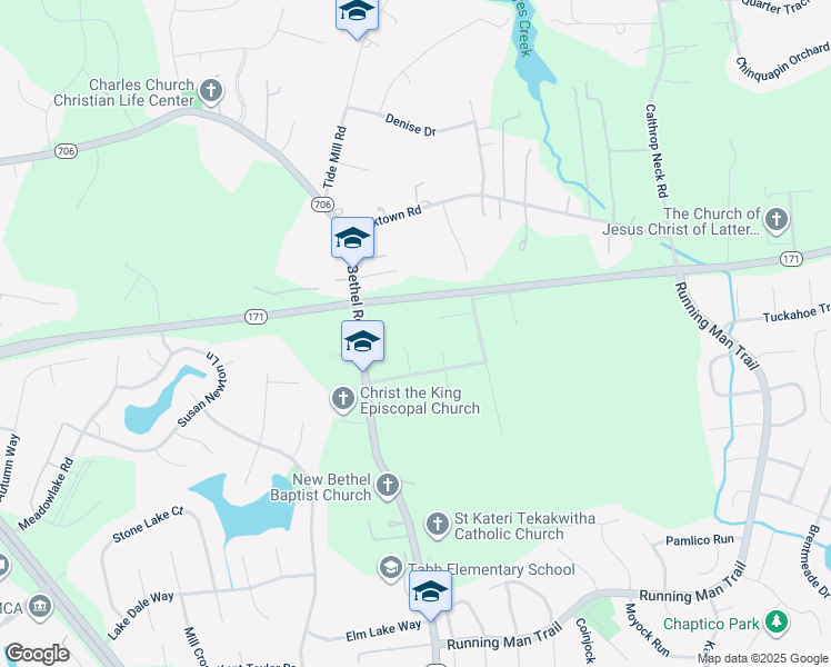 map of restaurants, bars, coffee shops, grocery stores, and more near 106 Taurus Court in Yorktown