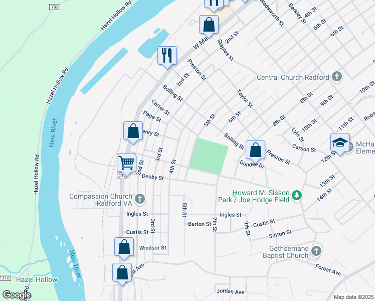 map of restaurants, bars, coffee shops, grocery stores, and more near 1507 5th Street in Radford