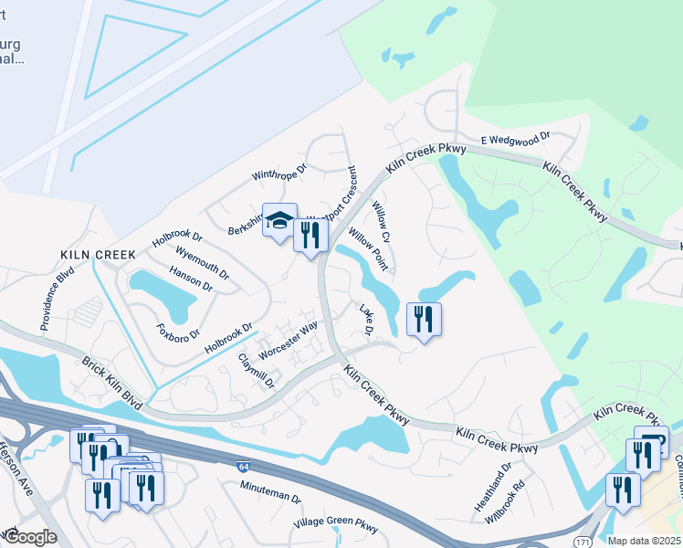 map of restaurants, bars, coffee shops, grocery stores, and more near 1355 Lake Drive in Newport News