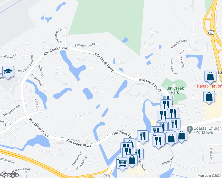 map of restaurants, bars, coffee shops, grocery stores, and more near 211 Clayton Drive in Yorktown