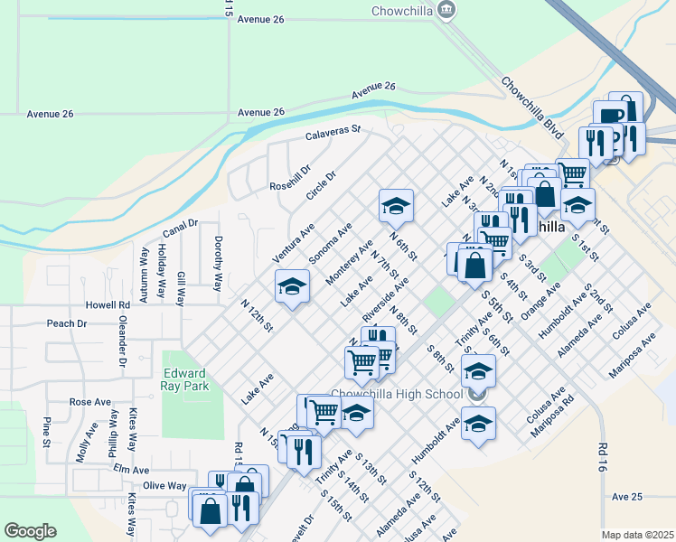 map of restaurants, bars, coffee shops, grocery stores, and more near 809 Sonoma Avenue in Chowchilla