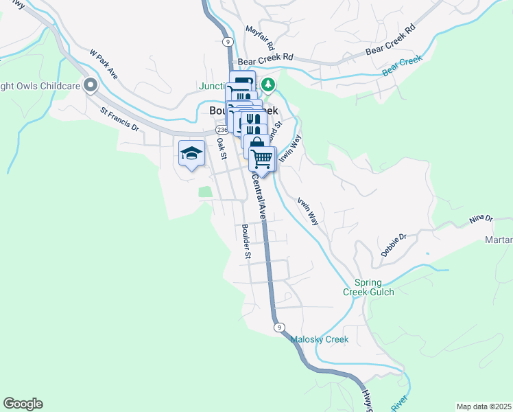 map of restaurants, bars, coffee shops, grocery stores, and more near 12970 California 9 in Boulder Creek