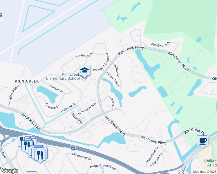 map of restaurants, bars, coffee shops, grocery stores, and more near 1350 Lake Drive in Newport News
