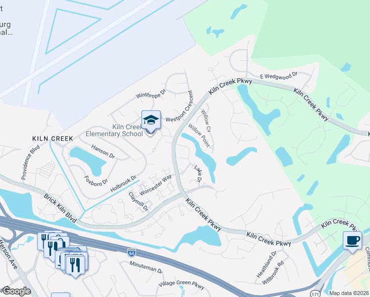 map of restaurants, bars, coffee shops, grocery stores, and more near 1350 Lake Drive in Newport News