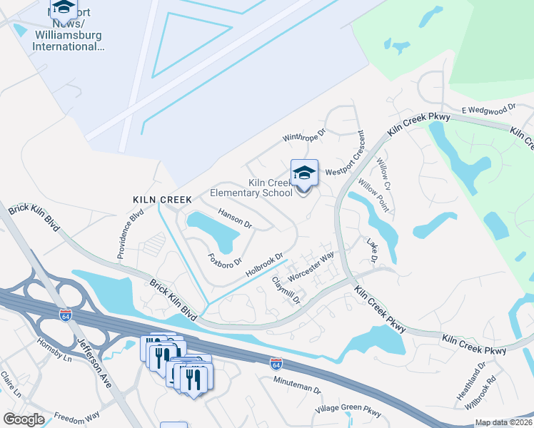 map of restaurants, bars, coffee shops, grocery stores, and more near 931 Holbrook Drive in Newport News
