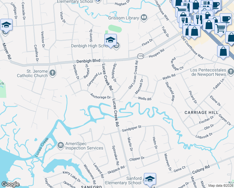 map of restaurants, bars, coffee shops, grocery stores, and more near 779 Selkirk Drive in Newport News