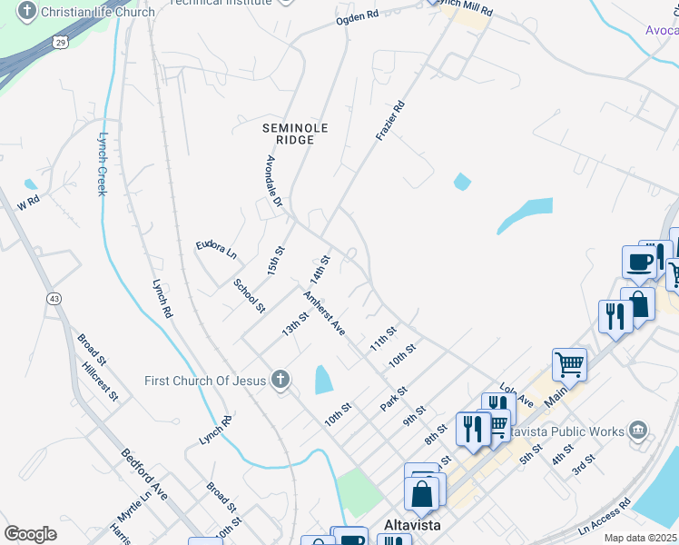 map of restaurants, bars, coffee shops, grocery stores, and more near 1208 Avondale Dr in Altavista