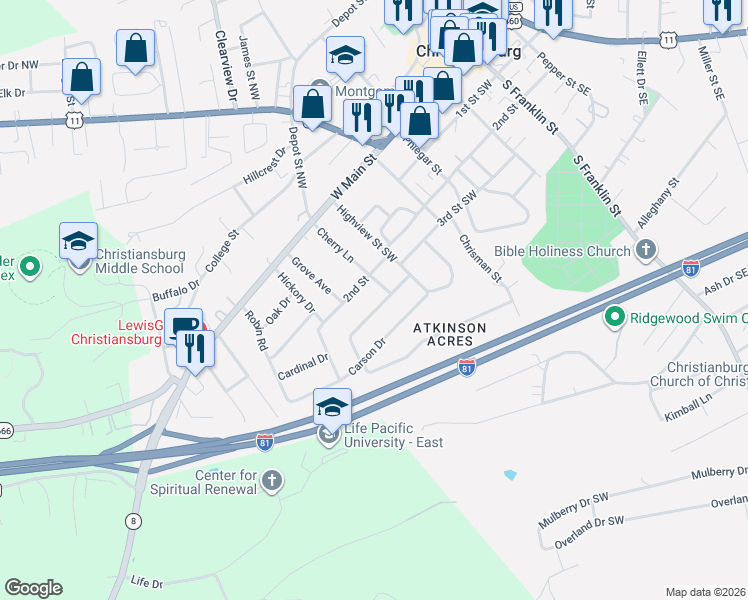 map of restaurants, bars, coffee shops, grocery stores, and more near 745 2nd Street in Christiansburg
