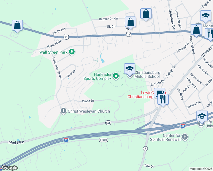 map of restaurants, bars, coffee shops, grocery stores, and more near 1209 Buffalo Drive in Christiansburg