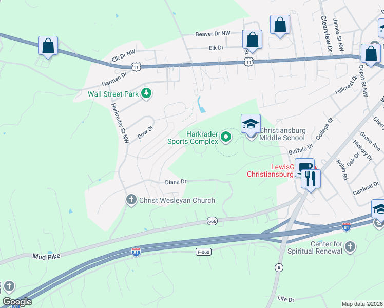 map of restaurants, bars, coffee shops, grocery stores, and more near 225 Aldwych Avenue in Christiansburg