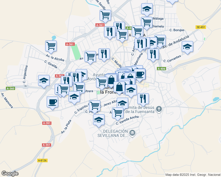 map of restaurants, bars, coffee shops, grocery stores, and more near 13 Calle San Sebastián in Morón de la Frontera