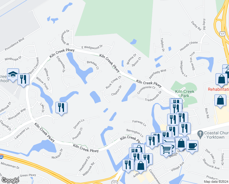 map of restaurants, bars, coffee shops, grocery stores, and more near 214 Clayton Drive in Yorktown