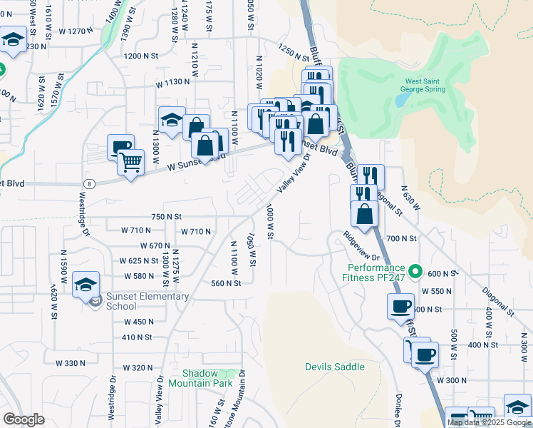 map of restaurants, bars, coffee shops, grocery stores, and more near 761 North 1000 West in St. George