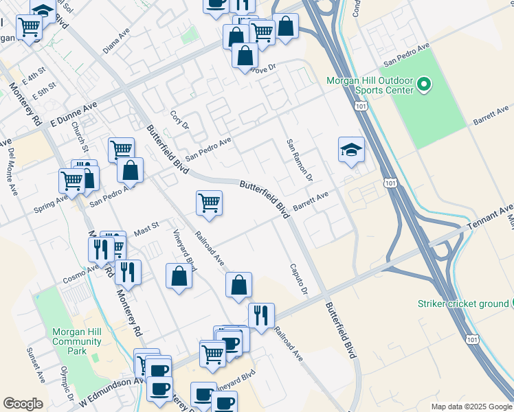 map of restaurants, bars, coffee shops, grocery stores, and more near 515 Barrett Avenue in Morgan Hill