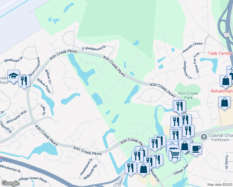 map of restaurants, bars, coffee shops, grocery stores, and more near 214 Clayton Drive in Yorktown