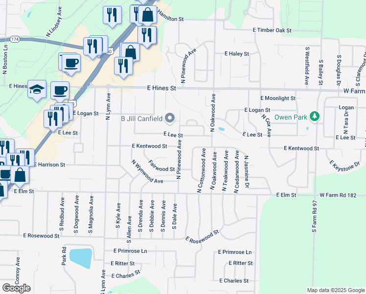 map of restaurants, bars, coffee shops, grocery stores, and more near 1620 East Lee Street in Republic