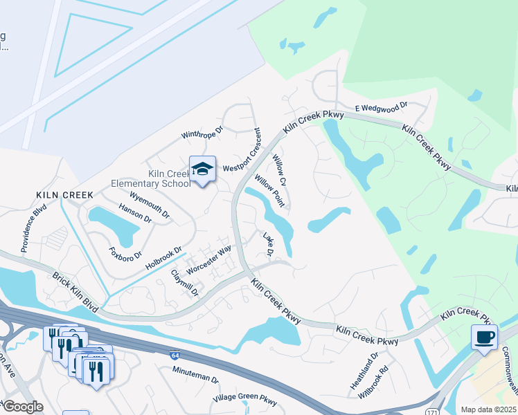 map of restaurants, bars, coffee shops, grocery stores, and more near 1344 Lake Drive in Newport News