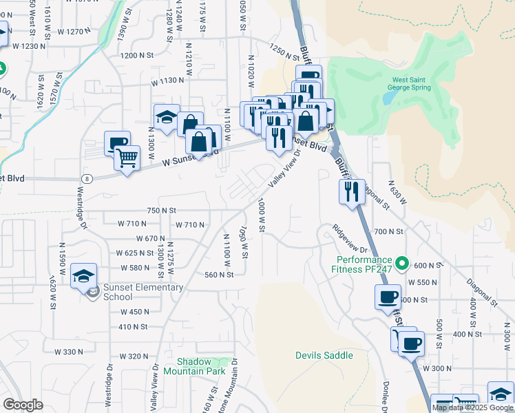 map of restaurants, bars, coffee shops, grocery stores, and more near 761 North 1000 West in St. George