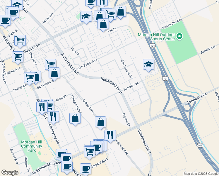 map of restaurants, bars, coffee shops, grocery stores, and more near 515 Barrett Avenue in Morgan Hill