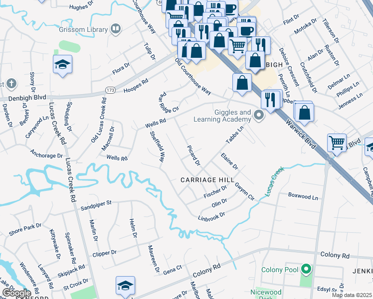 map of restaurants, bars, coffee shops, grocery stores, and more near 221 Picard Drive in Newport News