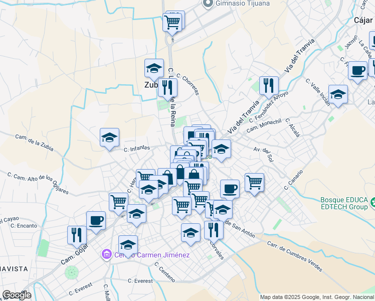 map of restaurants, bars, coffee shops, grocery stores, and more near 1 Calle Laurel de la Reina in La Zubia