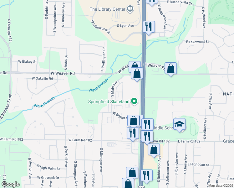 map of restaurants, bars, coffee shops, grocery stores, and more near 5100 South Main Avenue in Springfield