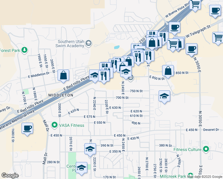 map of restaurants, bars, coffee shops, grocery stores, and more near 755 North 2380 East Circle in St. George