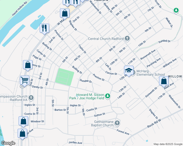 map of restaurants, bars, coffee shops, grocery stores, and more near 1000 Preston Street in Radford