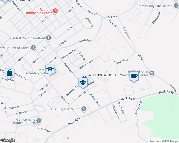 map of restaurants, bars, coffee shops, grocery stores, and more near 207 Sheppard Avenue in Radford