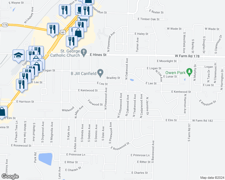 map of restaurants, bars, coffee shops, grocery stores, and more near 401 North Elmwood Avenue in Republic