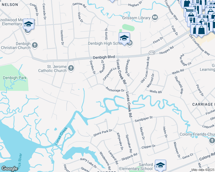 map of restaurants, bars, coffee shops, grocery stores, and more near 79 Anchorage Drive in Newport News