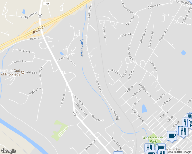 map of restaurants, bars, coffee shops, grocery stores, and more near 1253 Lynch Road in Altavista