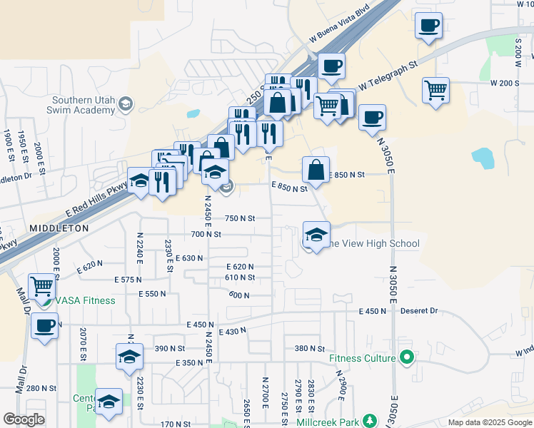 map of restaurants, bars, coffee shops, grocery stores, and more near 2637 East 750 North in St. George