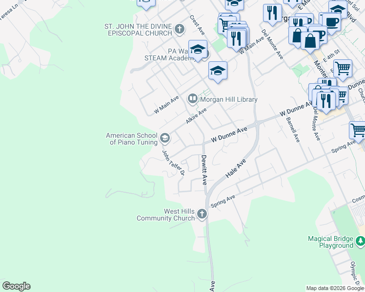 map of restaurants, bars, coffee shops, grocery stores, and more near 17130 Munro Way in Morgan Hill