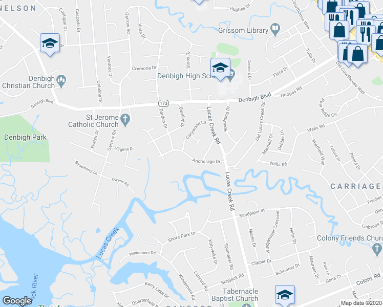 map of restaurants, bars, coffee shops, grocery stores, and more near 612 Ashford Place in Newport News