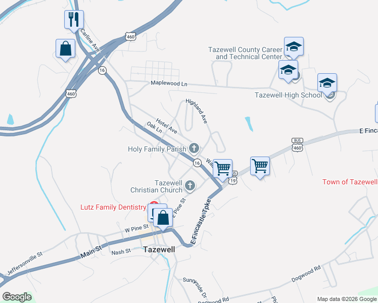 map of restaurants, bars, coffee shops, grocery stores, and more near 228 Oak Lane in Tazewell