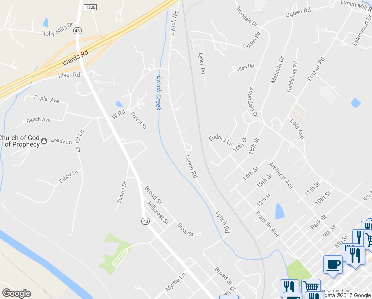 map of restaurants, bars, coffee shops, grocery stores, and more near 1255 Lynch Road in Altavista