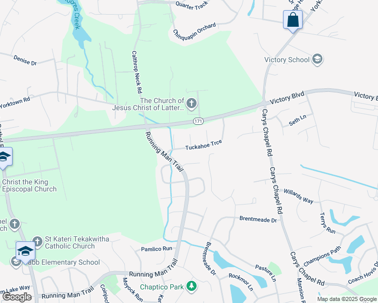 map of restaurants, bars, coffee shops, grocery stores, and more near 129 Tuckahoe Trce in Yorktown