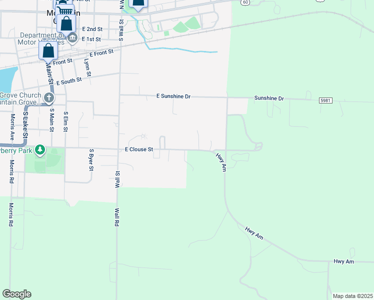 map of restaurants, bars, coffee shops, grocery stores, and more near 582 East Clouse Street in Mountain Grove