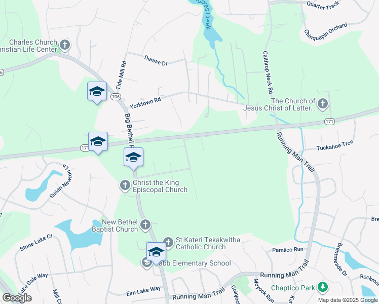 map of restaurants, bars, coffee shops, grocery stores, and more near 203 Heavens Way in Yorktown
