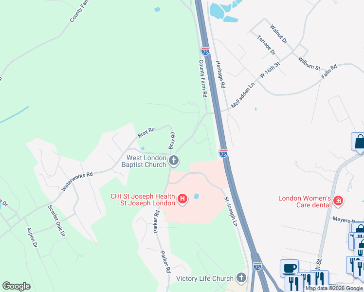 map of restaurants, bars, coffee shops, grocery stores, and more near 222 Parker Road in London