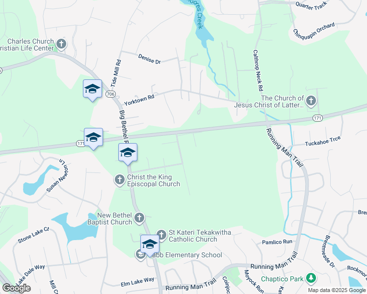 map of restaurants, bars, coffee shops, grocery stores, and more near 203 Heavens Way in Yorktown