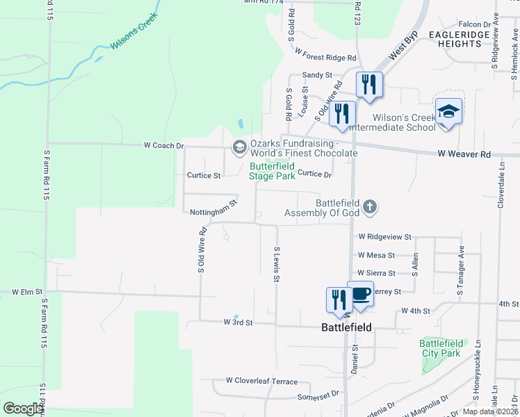 map of restaurants, bars, coffee shops, grocery stores, and more near 5140 South Old Wire Road in Battlefield