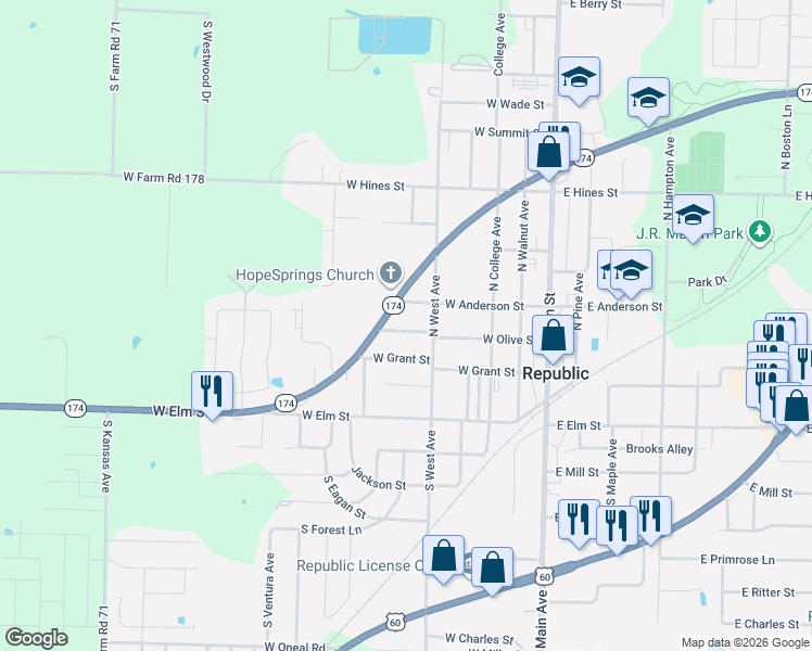 map of restaurants, bars, coffee shops, grocery stores, and more near 402 West Anderson Street in Republic